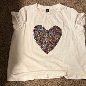 SHEIN White Tee with Multicolor Sequin Heart